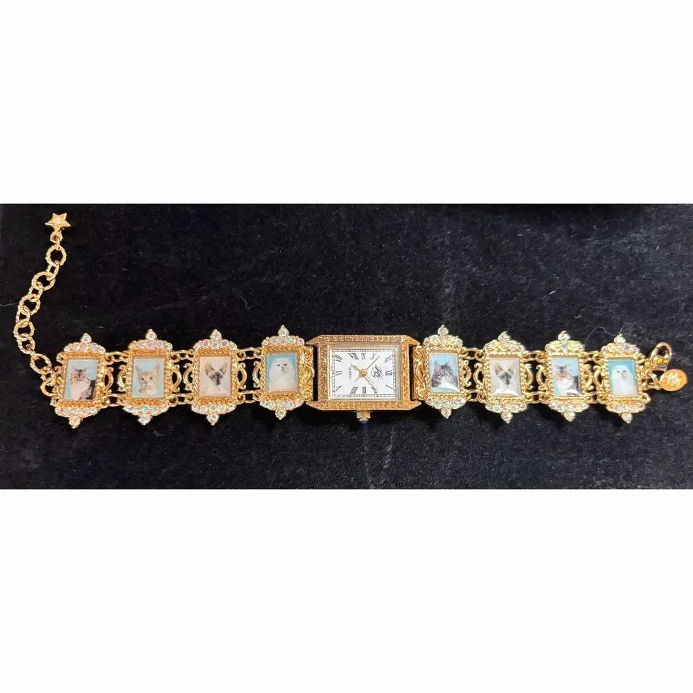 Rare VTG Kirks Folly Cat Portrait Gold Tone Bracelet Watch
